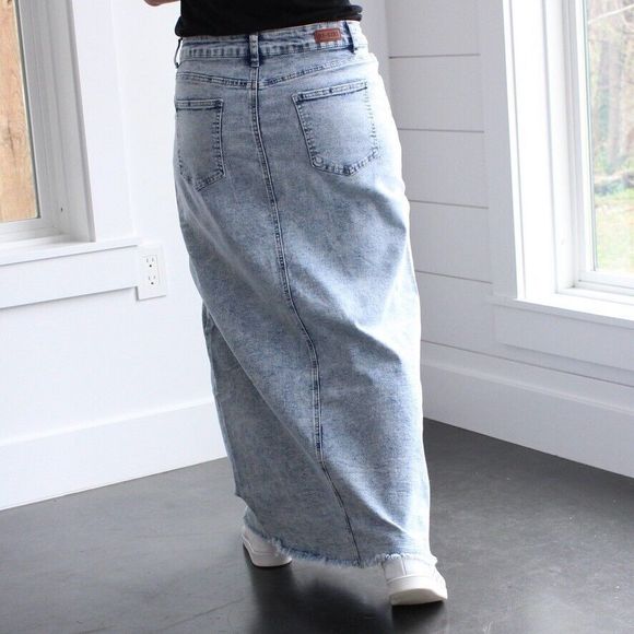 NWT Be-Girl Long Modest Acid Jean Skirt Sz Medium Sand Blush Maxi Stretch Denim - Picture 9 of 14